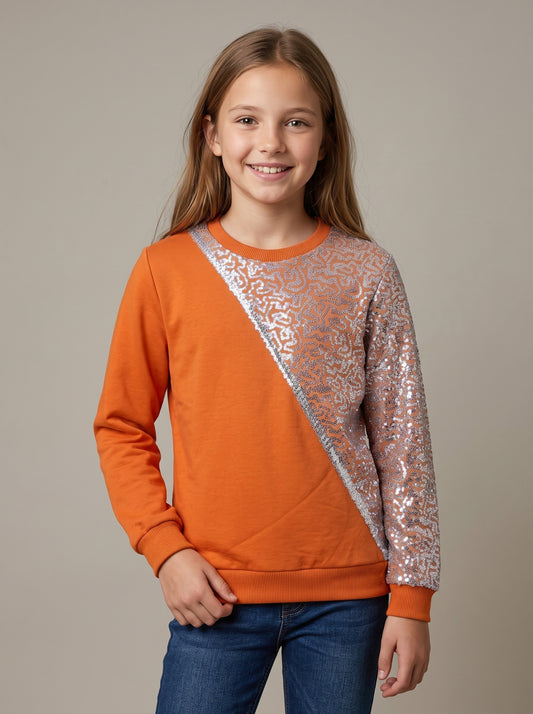 Color-Block Orange Jumper with Glam Sequin Sleeve