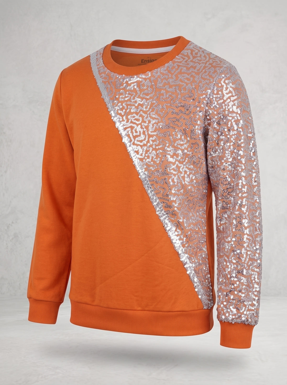 Color-Block Orange Jumper with Glam Sequin Sleeve